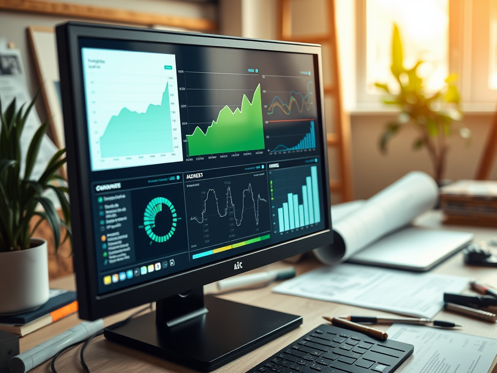 Монитор с графиками и данными, расположенный на рабочем столе в светлом офисе.