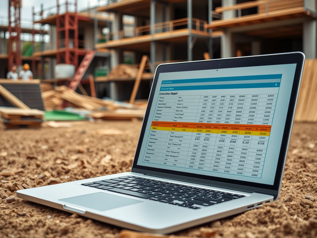 Ноутбук на строительной площадке с открытой таблицей, заполненной данными о материалах и стоимости.