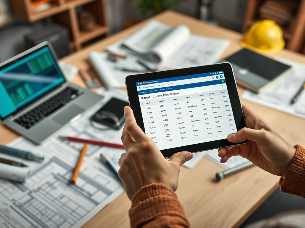 На изображении человек смотрит на планшет с таблицей данных о строительном проекте на столе с инструментами.
