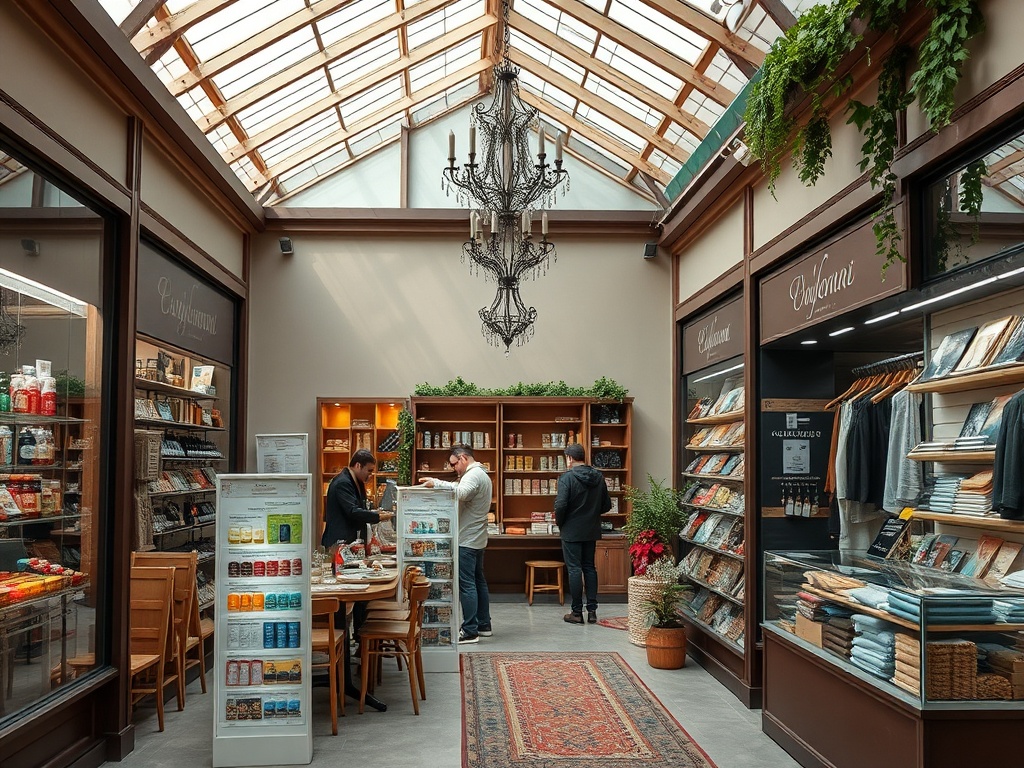 Современное книжное пространство с открытым потолком, полками и столом для покупок. Люди выбирают книги.