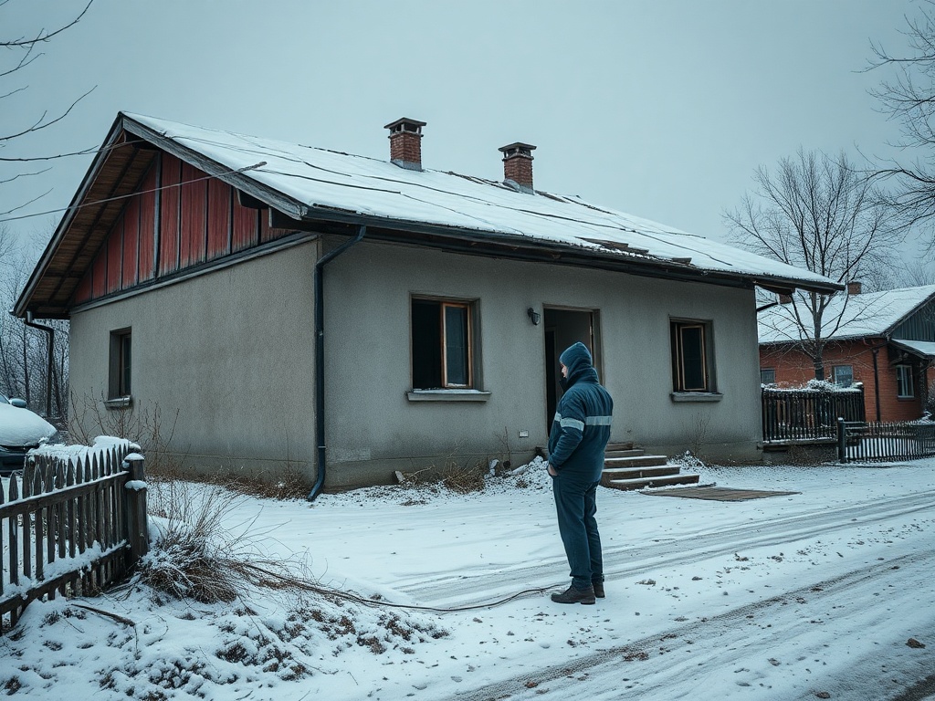 Человек в зимней одежде стоит перед домом, окруженным снежным покровом. Мрачная зимняя обстановка.