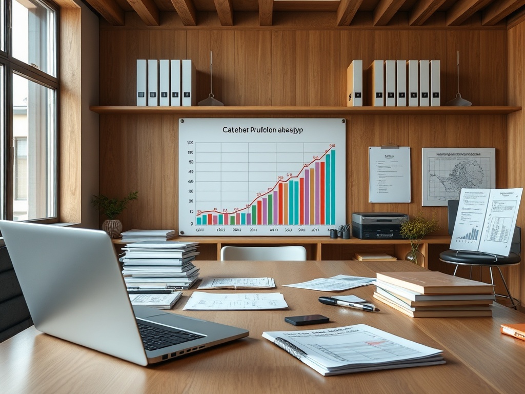 Офис с деревянными стенами, столом, ноутбуком и графиком на стене, показывающим рост данных.