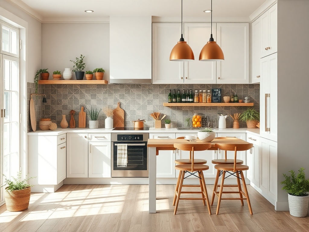 Современная кухня в светлых тонах с деревянной мебелью и зелеными растениями на полках. Уютная атмосфера.