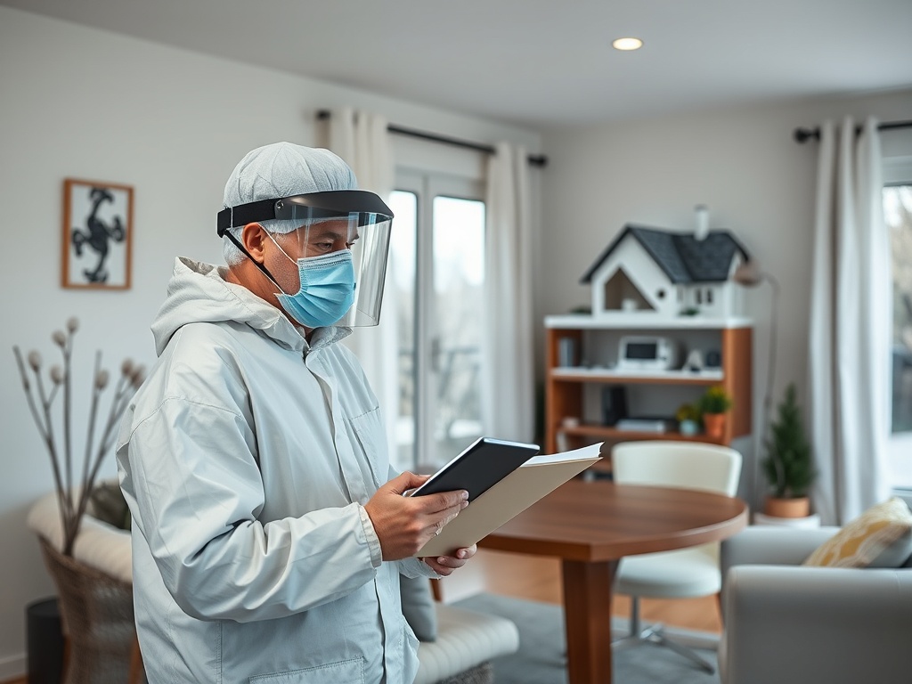 Человек в защитной маске и щите стоит в комнате и смотрит в книгу, о окружающей обстановке.