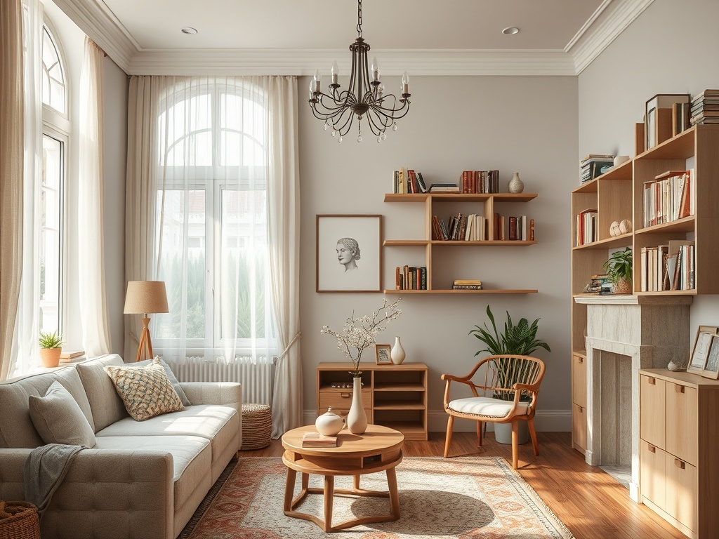 Светлая гостиная с книжными полками, уютным диваном и круглым столиком, оформленная в современном стиле.