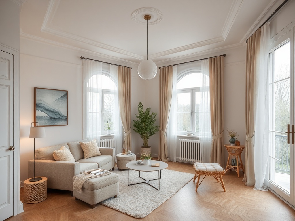 Современная светлая гостиная с окнами и уютной мебелью, украшенная растениями и artwork.