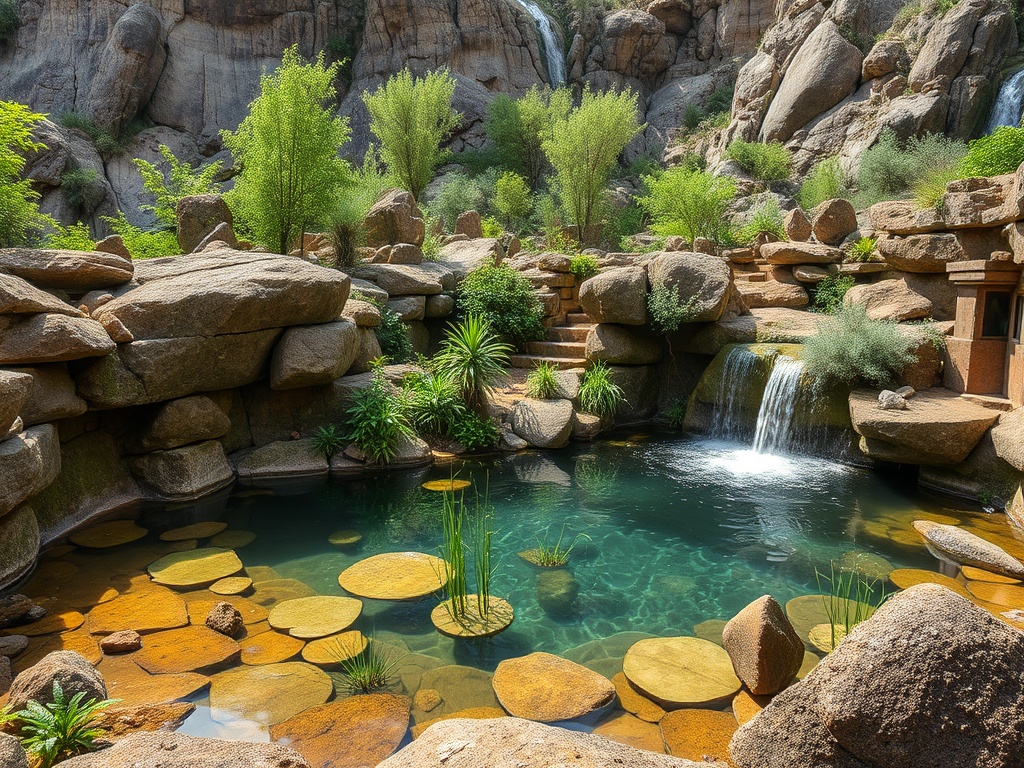 Уединённый водоём, окружённый камнями и зеленью, с водопадом и лилиями на поверхности воды.