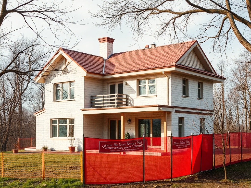 Современный дом с красной крышей, окружённый строительным забором и деревьями без листьев.