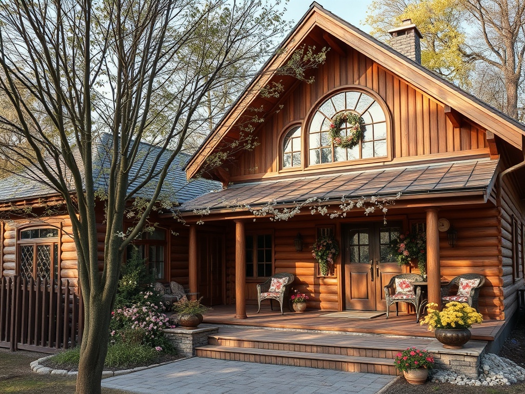 Деревянный дом с уютной террасой, украшенный цветами и зелеными растениями, окружен деревьями.