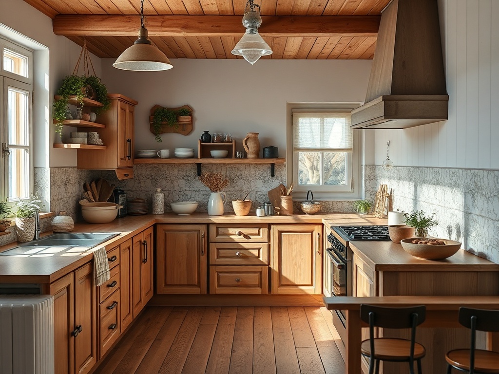 Светлая кухня в деревенском стиле с деревянными шкафами, раковиной и плитой, украшенная растениями.