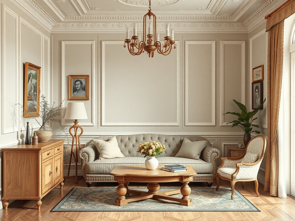 Уютная гостиная с диваном, креслом, деревянным столом и картинами на стенах. Светлый интерьер и зелёные растения.