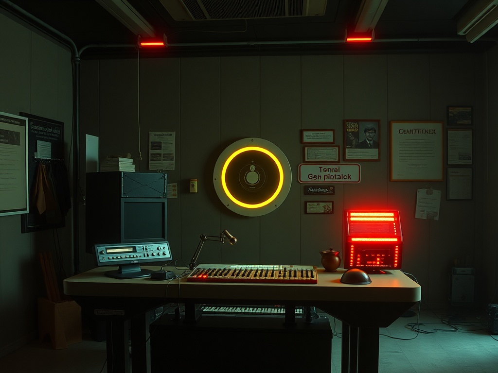 Современное студийное помещение с музыкальным оборудованием и яркими лампами. Стенды с дипломами и документами.