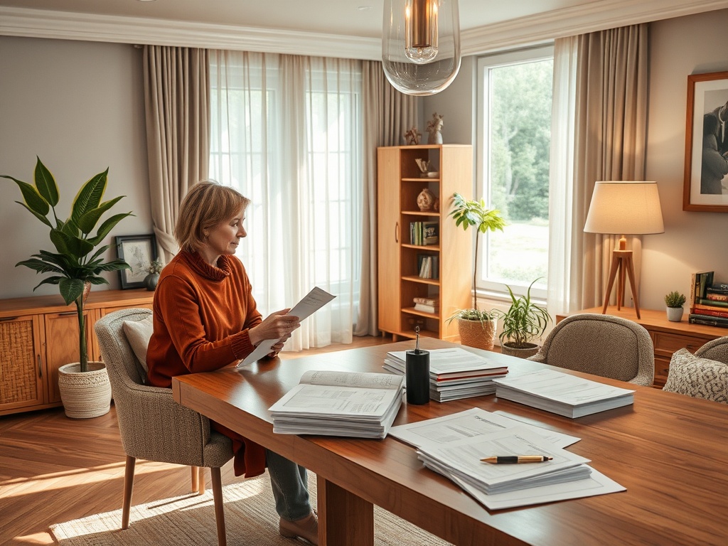 Женщина в уютном офисе читает документы за деревянным столом. Вокруг — растения и книги.