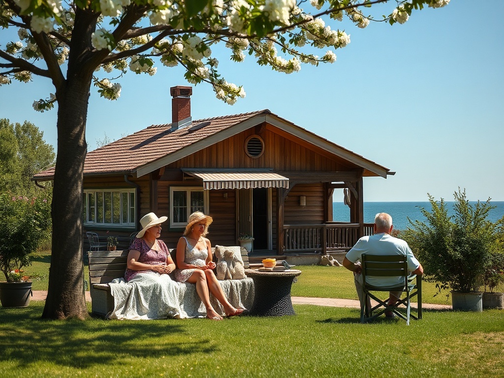 На картине изображен деревянный дом у моря, три человека отдыхают на улице под деревом. Женщины в шляпах.