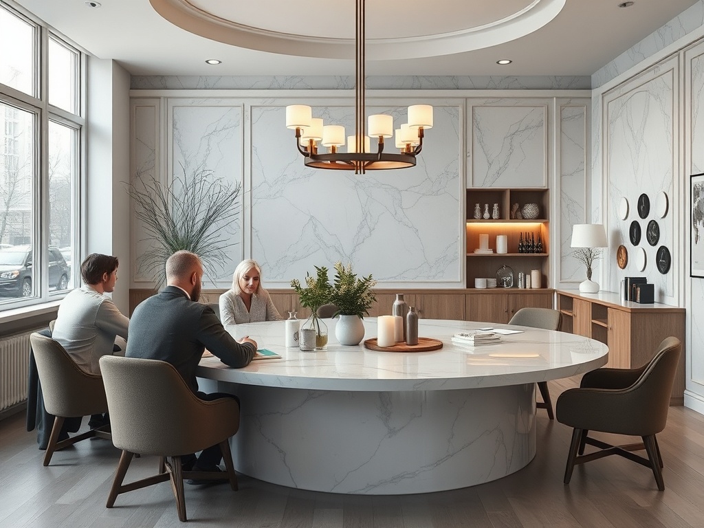 Современный офис: круглый стол, три человека на встрече, стильный интерьер с общением и растениями.