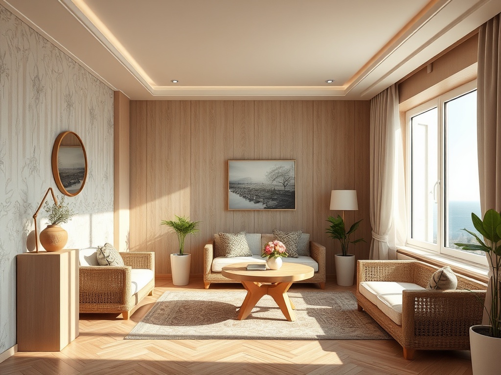 Современный уютный интерьер гостиной с мебелью из ротанга, большим окном и растениями.