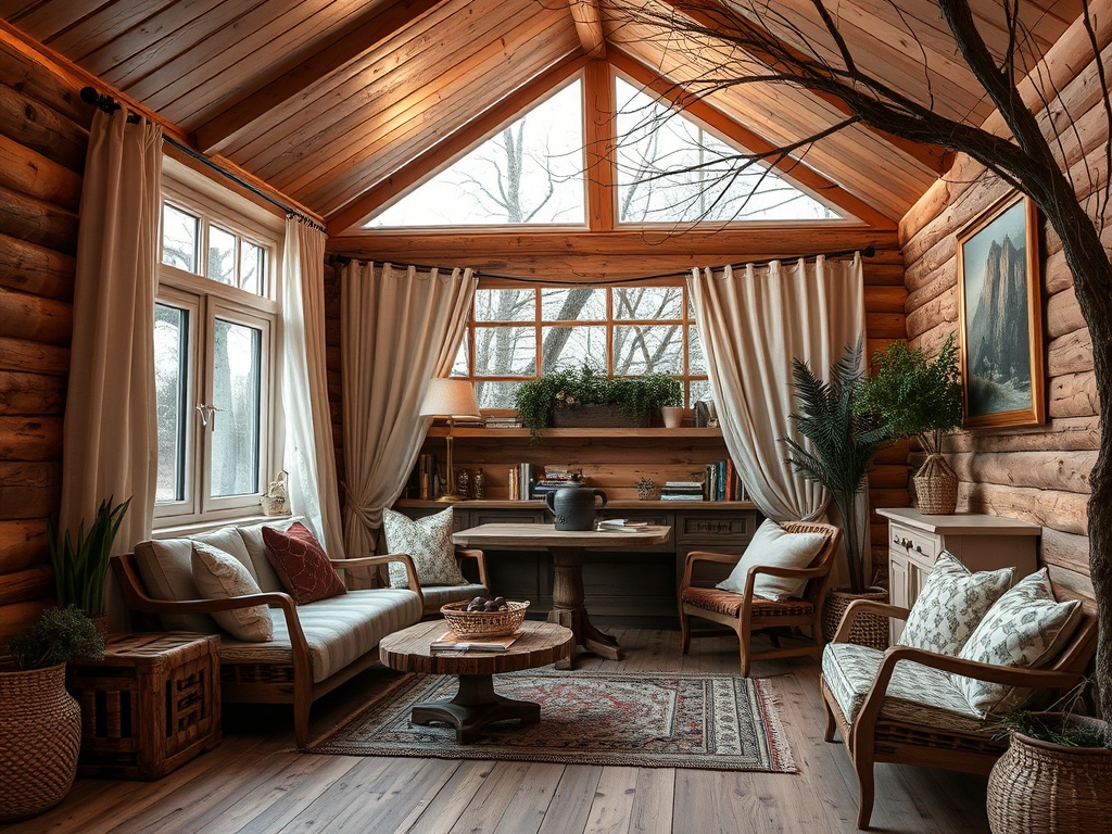 Уютная комната с деревянными стенами, мягкой мебелью и большими окнами, наполненная зелеными растениями.