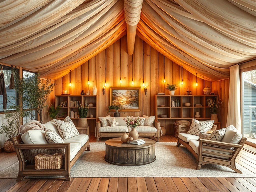 Современный светлый салон с деревянными стенами, мягкой мебелью и уютной атмосферой. Светильники создают тепло.