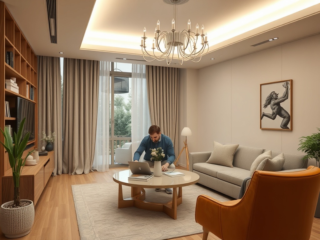 Современная гостиная с рабочим столом, мягкой мебелью и большим окном, где сидит мужчина с ноутбуком.