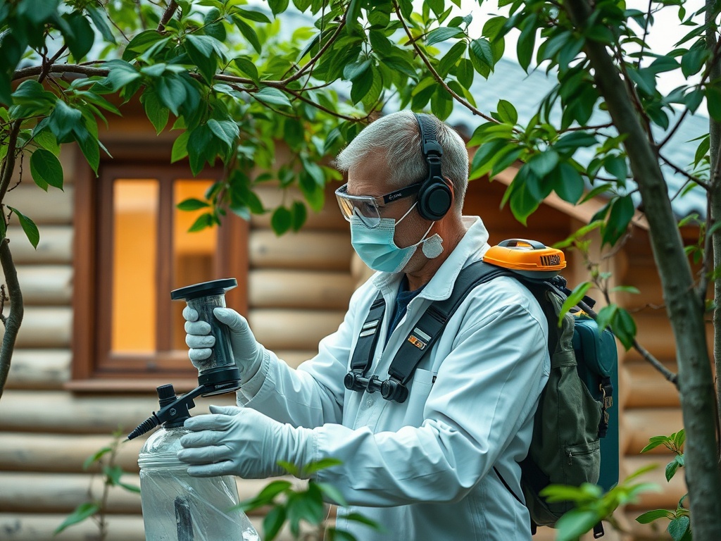 Человек в защитном костюме распыляет раствор для защиты растений в саду возле деревянного дома.