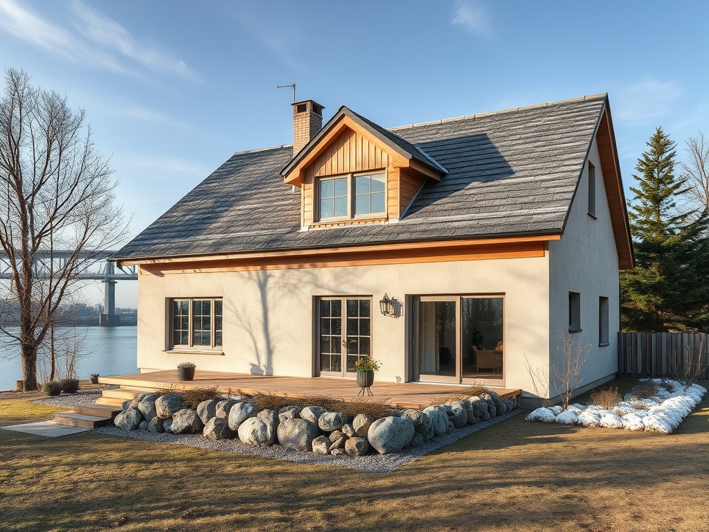 Современный загородный дом с деревянными элементами, окружённый зелёным лугом и камней. На заднем плане река.