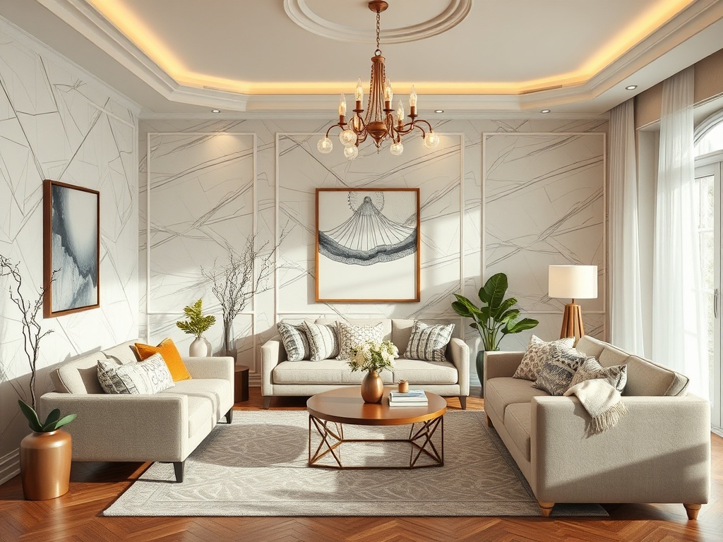 Современная гостиная с уютной мебелью, эффектным освещением и декоративными растениями.