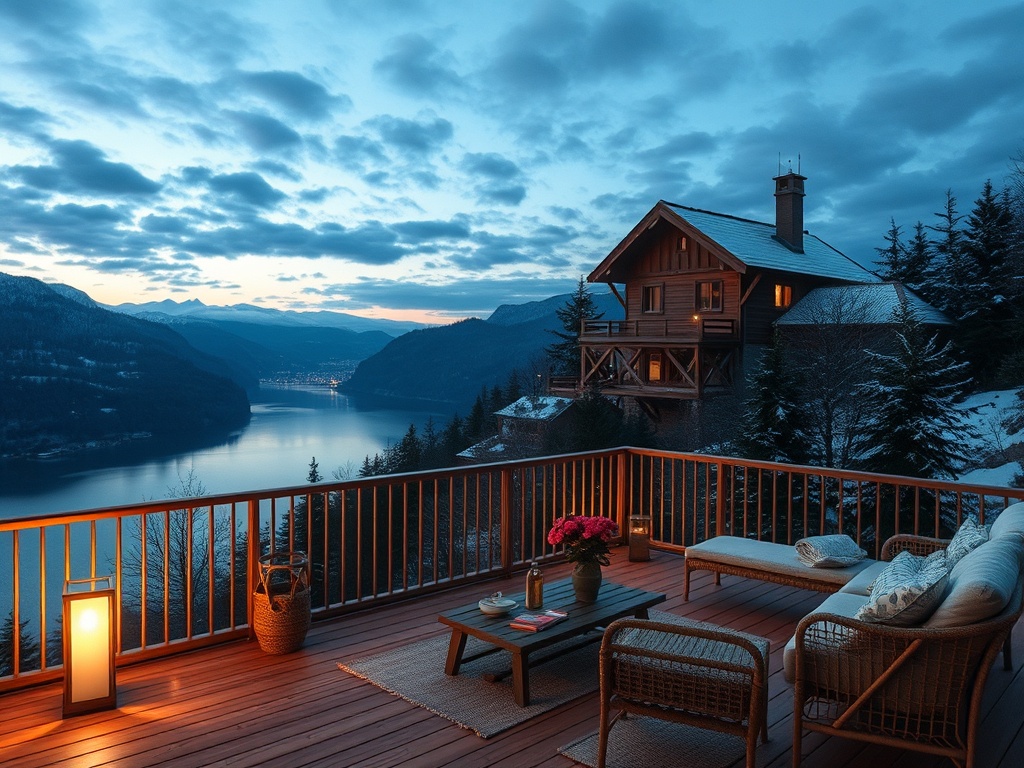 Уютная терраса с мебелью, видом на озеро и горы на закате, окруженная зимним лесом.