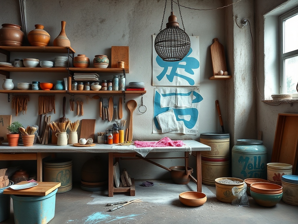 Кухня с деревянным столом, полками с посудой и кухонными принадлежностями, уютная и творческая атмосфера.