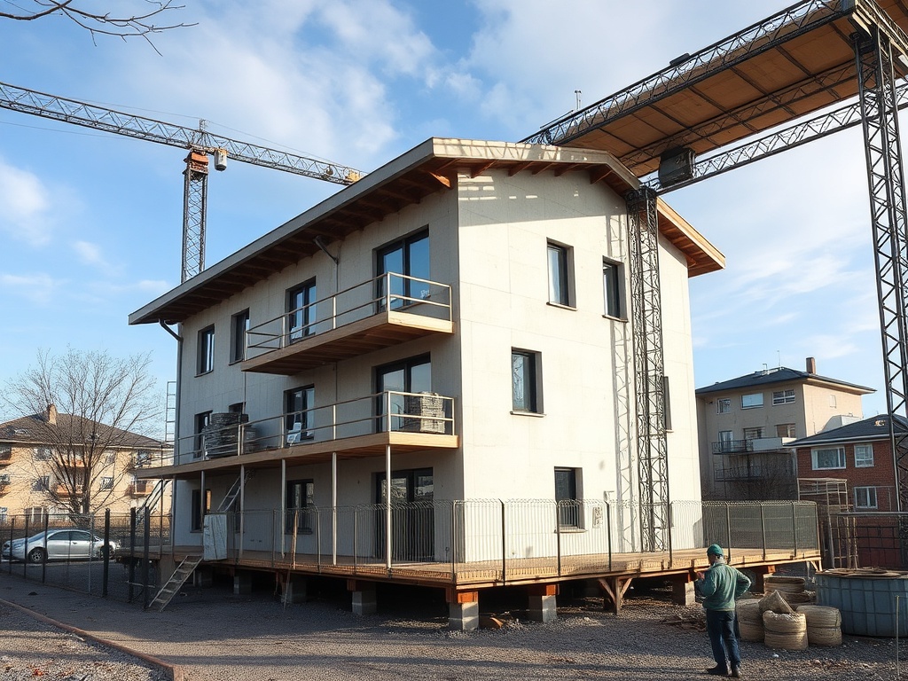 На изображении строящееся здание с балконами и строительным краном на фоне ясного неба.