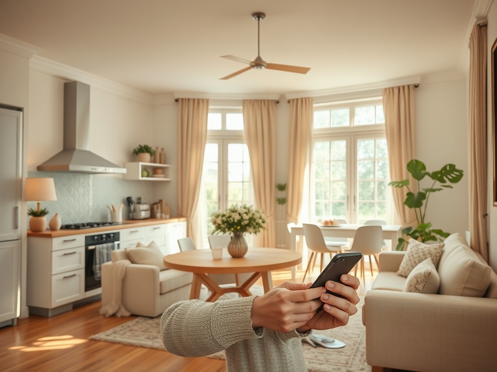В уютной гостиной с кухней кто-то держит телефон и взаимодействует с ним. Много света и зелени.