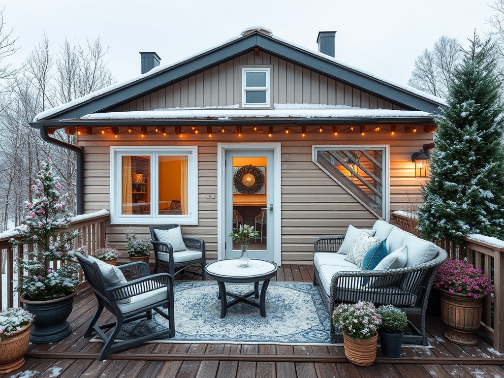 Уютная веранда дома с зимним декором, растениями и мягкой мебелью, окруженная снегом и огоньками.