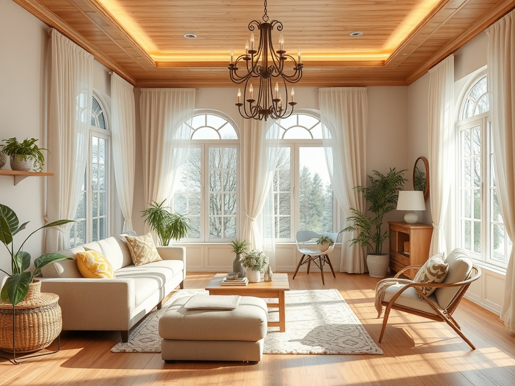 Светлая гостиная с большими окнами, уютной мебелью и зелеными растениями, создающая атмосферу уюта.